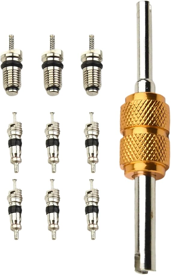 Air Conditioning Valve Core Kit, 10 Pieces A/C Refrigeration System R12 & R134a VValve CorRe AC Service Port Seal Cap ValvVe Stem CorEe Removal Tool ServiIce Valves for Car