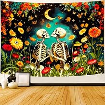 Delur Floral Skeleton Lovers Tapestry Gothic Romantic Skull Vintage Flower Plant Tapestry Wall Hanging Abstract Mushroom Moon Garden Headboard for Bedroom Living Room Home Decor (70.8" x 92.5")
