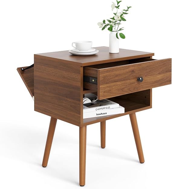 Hidden Compartment Nightstands, Mid Century Modern Concealment Furniture, Bedside Table with Wood Legs, End Table with Storage Drawer for Bedroom Living Room (1,Walnut)
