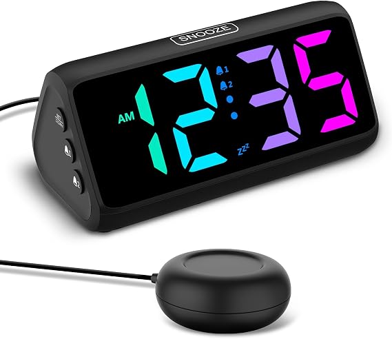 Netzu Loud Alarm Clock for Heavy Sleepers Black | Plug-in RGB Vibrating Alarm Clocks with Bed Shaker, 5 Dimmers, 2 Alarms and Snooze for Bedrooms Hearing Impaired Deaf Adults