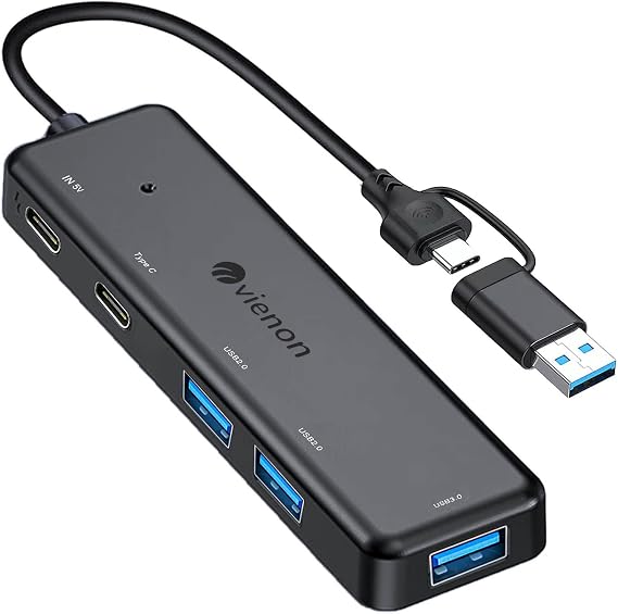 VIENON USB 3.0 Hub (5 in 1), USB C Hub, USB C to USB 3.0 Hub Adapter with USB C Power/Data Ports, USB Extender USB A&C Docking Station for Laptop PC MacBook Dell, HP, PS4/5, SSD and More