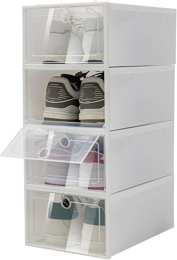 24 Pack Clear Shoe Storage Boxes Stackable, Shoe Storage Box with White Lid and Connecting Buckle, 13'' x 9.1'' x 5.5'' Shoe Containers for Sneaker Display and Clothes