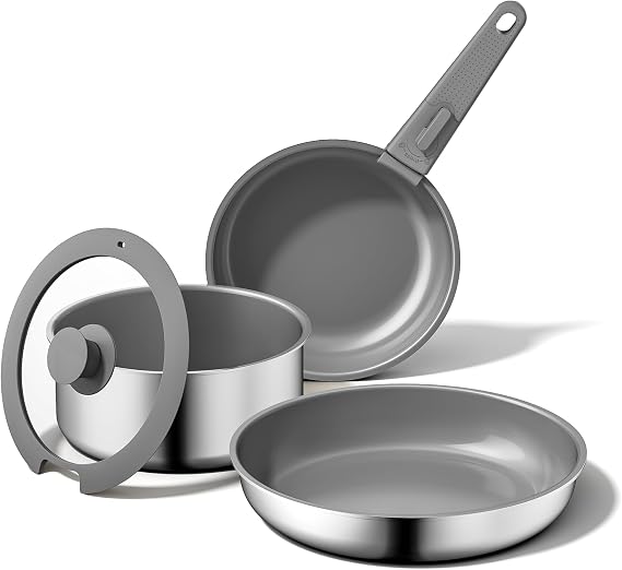 5 PCS Ceramic Cookware Set, Stainless Steel Exterior Pots and Pans Set Non Stick, 10x More Durable Super Ceramic Coating, for Induction Hob Pan Set (Grey)