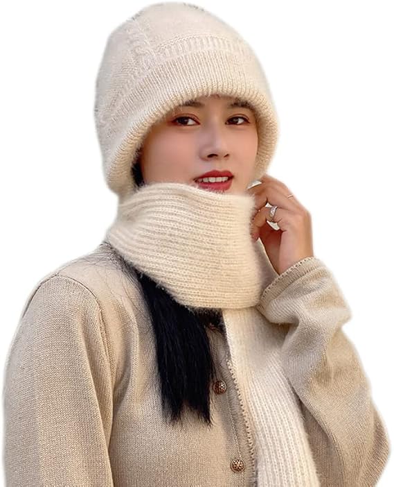 Winter Warm Elastic Soft Ear Protection Knitted Scarf Hat Fleece Lined Beanie Hat