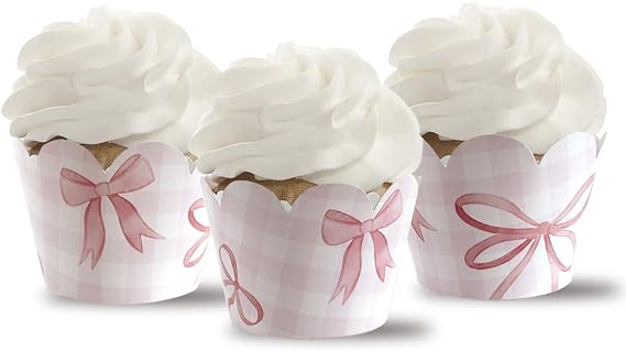 Pink Gingham and Bows Cupcake Wrappers,Pink Gingham Party Supplies, Coquette Bows Decor Party,36PCS
