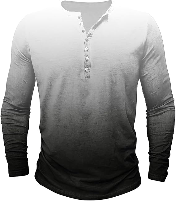 Mens Long Sleeve Graphic Tee Regular-Fit Button Down Shirts Causal Gradient Color Henley T-Shirt Loose Pullover
