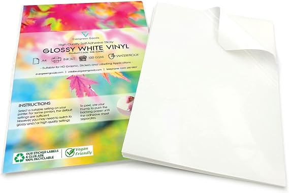 Evergreen Goods 10 Sheets A4 Waterproof Vinyl Sticker Paper, Printable Self-Adhesive Glossy White PVC Sticker Sheets | Inkjet & Laser, Professional Standard High-Resolution Stickers for Photos, Labels