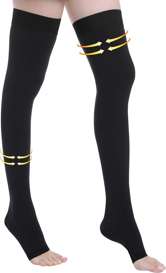 20-30 mmHg Compression Stockings for Women and Men, Medical Graduated Compression Hoses, Open Toe Thigh High Compression Socks, Toeless Support Stockings for Varicose Veins, Edema, Black, 3XL