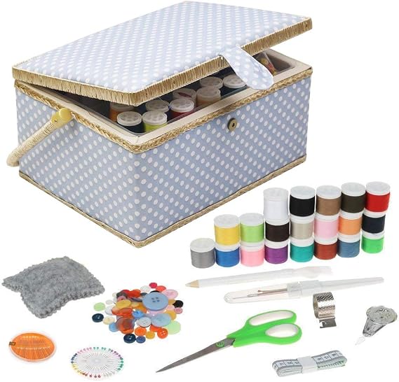 Large Sewing Basket with Kit Accessories Sewing Box Organizer with Supplies DIY Sewing Kits for Adults, Blue Polka Dots