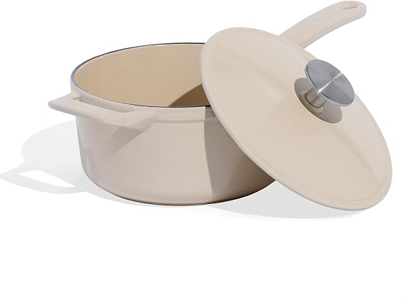 Made In Cookware - 2 Quart Enameled Cast Iron Saucepan with Lid (Antique White) - Hand-Enameled Cast Iron - Professional Cookware - Crafted in France - Induction Compatible