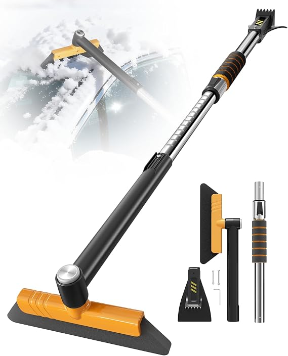 helloleiboo 43.7" Extendable Ice Scrapers for Car Windshield for 12 Adjustable Length Settings with Foam Grip and 360 Pivoting Brush Head Detachable Snow Brush for Truck SUV(Orange)