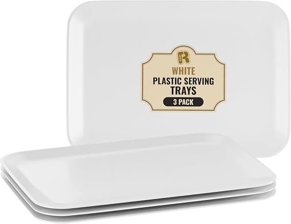 R-kay 3 Pack White Plastic Serving Trays for Party - Rectangular, 8 by 11 in, Heavy Duty Dessert Trays for Food