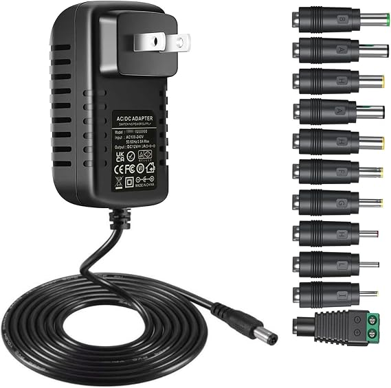 12V Power Supply 2A 1A AC Adapter Charger with 11 Changeable Plugs DC in 12Volts Power Cord DC12V 2a 1a 800ma 500ma 400ma 300ma 200ma 100ma Converter Transformer