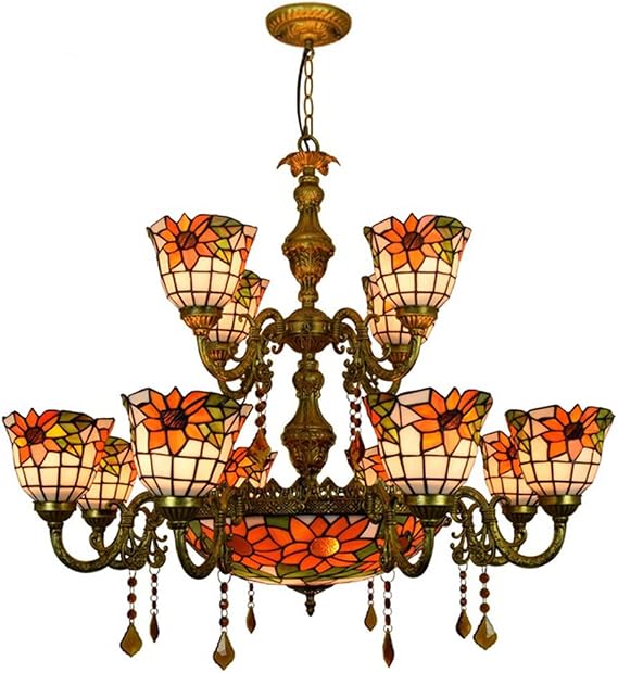 Double Layer 13-Light Hanging Chandelier Classic TiffanyStyle Flower Pattern Stained Glass Pendant Light for Living Room Foyer Stairs Ceiling Lighting Fixture 35.4in W×47.2in H (90×120 cm)