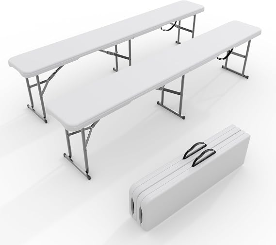 6Ft Foldable Bench, 2-Pack Folding Bench with Carry Handle, Portable HDPE Plastic Benchs for Outdoor, Camping, Picnic, Sports, Party