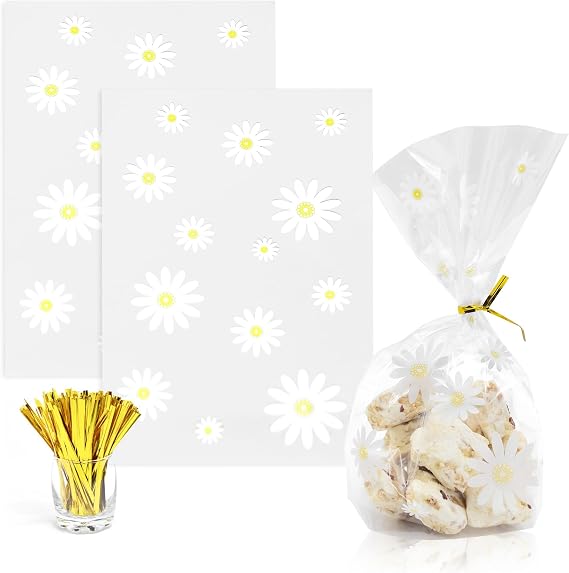 souG 100pcs Gusseted cellophane Bags Little White Daisy Cookie Bags (Size 5.9"x9"x2" with Gold Twist Ties, Best Gusset Bag for Presenting Packaged Treats, Candy, Popcorn etc.