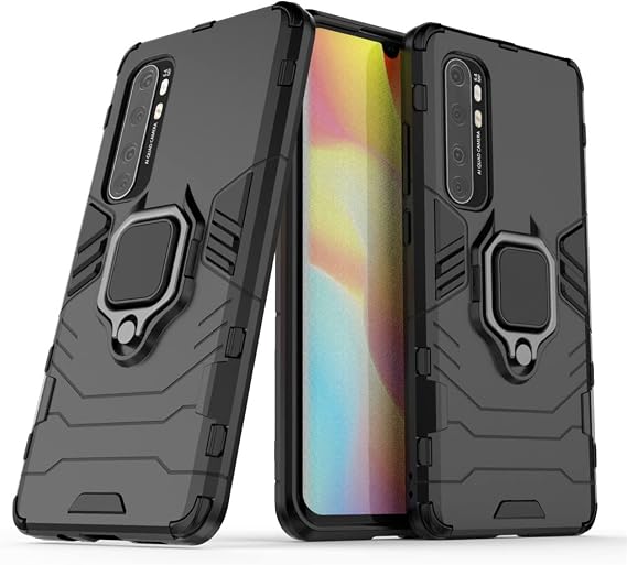 MaiJin Compatible with Xiaomi Mi Note 10 Lite Case, Metal Ring Grip Kickstand Shockproof Hard Bumper (Works with Magnetic Car Mount) Dual Layer Rugged Cover (Black)