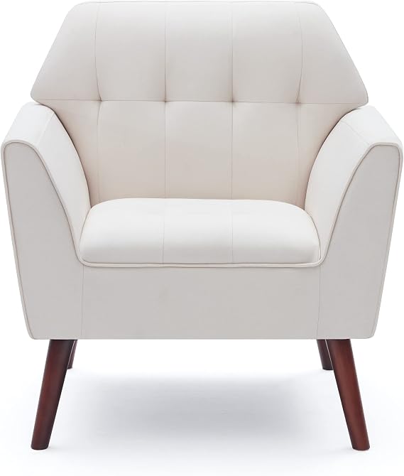 Kingfun Linen Fabric Accent Chairs for Bedroom, Midcentury Modern Accent Arm Chair for Living Room, Comfy Reading, Tufted Comfortable Sofa Chair, Upholstered Single Sofa, Ivory Beige