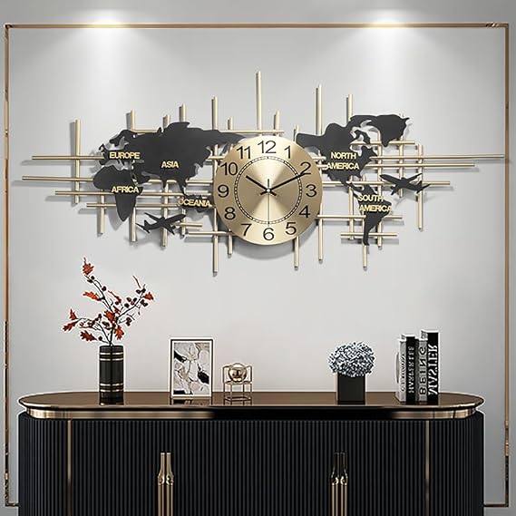 37.8" Modern 3D World Map Wall Clock, Bronze Gold | Silent, Battery Operated, Decorative Metal, Handmade Iron Art, Style A