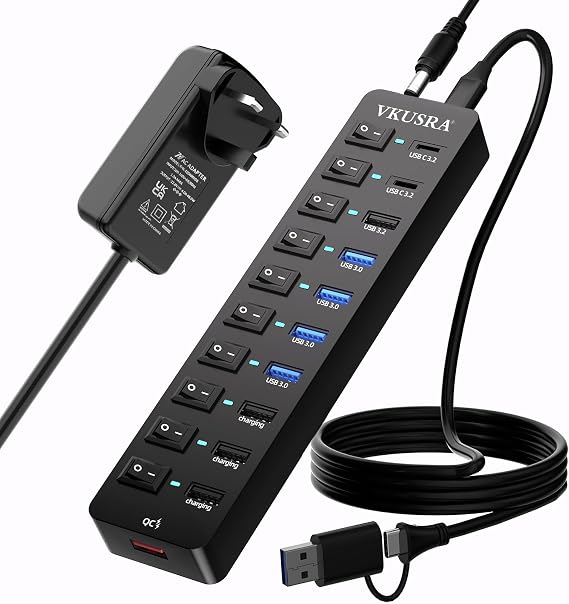 Powered USB 3.2 Hub, VKUSRA 11-Port USB C Hub with 10Gbps USB-A and 2 USB C 3.2 Data Ports + 4 USB 3.0 Ports + 4 Charging Ports, All in One USB Splitter with 3.9ft USB Cable and 12V Power Supply