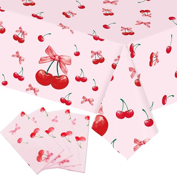 4 Pcs Cherry Party Decorations Tablecloth, Plastic Waterproof Tablecover, Bow Cherry Tablecloth for Bachelorette Wedding Bridal Shower Baby Shower Birthday Party Supplies (54 inch x 108 inch)