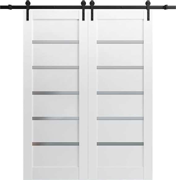 SARTODOORS Sliding Double Barn Doors 36 x 84 with Hardware | Quadro 4117 White Silk with Frosted Opaque Glass | 13FT Rail Sturdy Set | Kitchen Lite Wooden Solid Panel Interior Bedroom Bathroom Door
