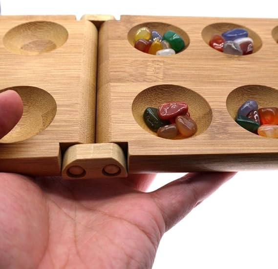 Foldable Wooden Board Game Set, Classic African Board Game with 48 Glass Stones for Kids Adults, Portable Travel for Party Festival Daily Life