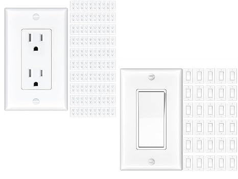 100 Pack 15A Wall Outlet, White Decorator Receptacle with Wall Plate & Amico 30 Pack Light Switch