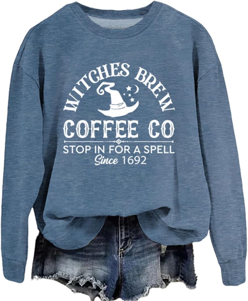 Witches Brew Coffee Company Sweatshirt Women Halloween Crewneck Long Sleeve Graphic Shirts Fall Pullover Tops