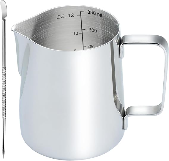 CAMKYDE Stainless Steel Milk Frothing Pitcher 12 oz, Espresso Steaming Pitcher with Decorating Pen for Espresso Machines, Cappuccino, Latte Art (Silver)