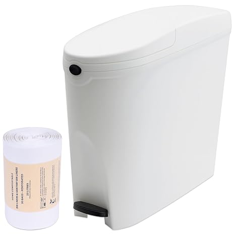 Sanitary Bin 20L & 50 Bin Liners - Slimline Washrooms Toilets Hygienic Disposal Pedal Container Bins for Female Ladies and Baby Hygiene Products - 20 litres White