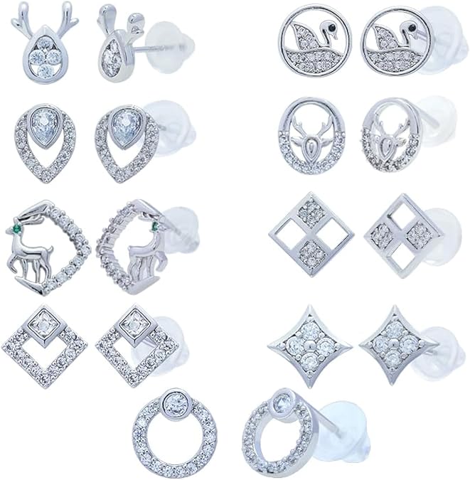 Silver Plated Stud Earrings for Women | 9 Pairs Stud Earrings Set | CZ Pierced Diamond Earrings | Gold Plated Earrings Multipack
