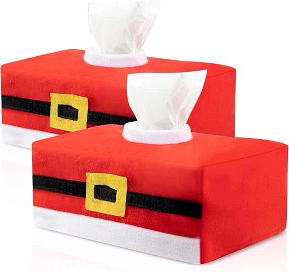 YLOLUL 2 Pcs Christmas Tissue Box Cover Rectangular Santa Claus Belt Tissue Box Holder Christmas Themed Tissue Box Organizer Christmas Decoration for Car Living Room Kitchen Xmas Winter Party Decor