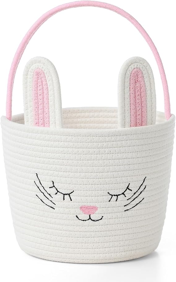 Easter Basket with Handle Woven Baby Gifts Empty Bunny Basket For Girls Boys Kids Gift Baby Shower Wedding Flower(White/Pink)