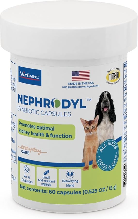 NEPHRODYL Synbiotic Capsules for Cats & Dogs, Kidney Support, 60ct | Renal health supplement with probiotics & prebiotics for Digestive Health, small & easy to swallow capsules, made in The USA