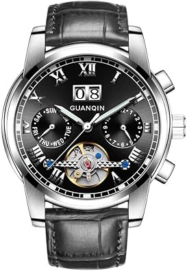 GUANQIN Men Skeleton Multifunctional Dial Automatic Self-Wind Mechanical Watch Sapphire Crystal Business Double-Sided Hollow Waterproof Clock Luminous Steel or Leather Band Wristwatch