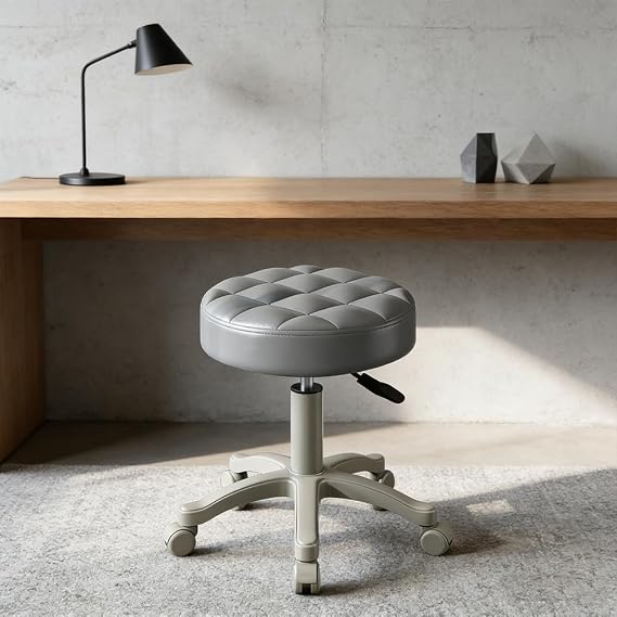 360° Swivel Rolling Stool Height-Adjustable Faux Leather Rolling Stools with Wheels for Tatoo Studio Shop Massage Salon Spa Drafting Work Nail Teach (Grey)