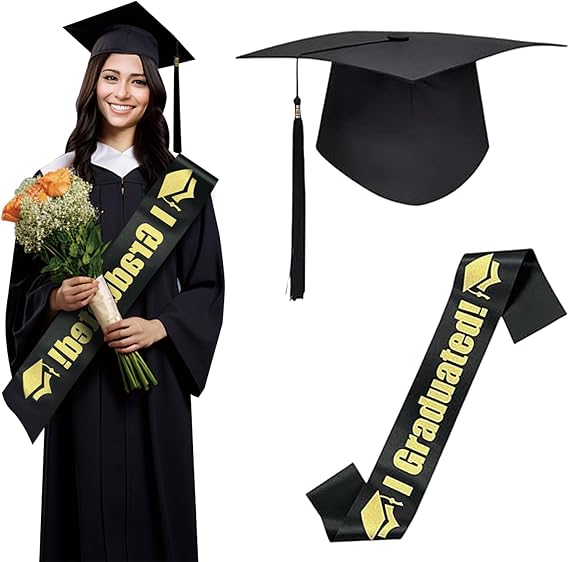 Graduation Cap and Sash Set, Formal Graduation Gown Accessories for Ceremonies, Graduation Hat And Adjustable Strap (24x24 cm), 2-Pcs Commencement Outfit for Photos and Parties (160 cm Sash)