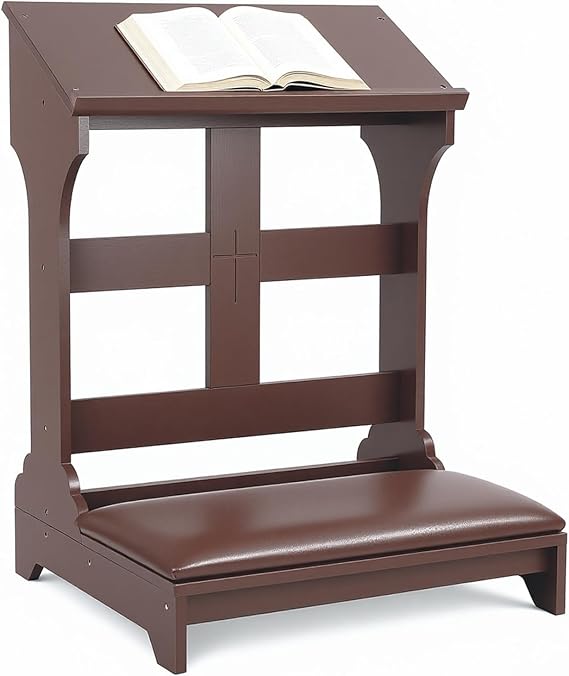 Prayer Kneeler with Built-in Tabletop Solid Wood Prayer Bench, Faux Leather Cushion, Compact 23"x20"x32" for Home ChurcWorship Ebony
