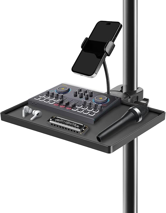 BILIONE Mic Stand Tray 10.6" x 7.8" Large with Crab Clamp for Mixers & Gear