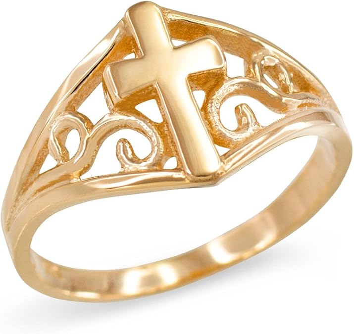 Religious Jewelry Filigree Cross Ring for Women in Fine 10k Yellow Gold