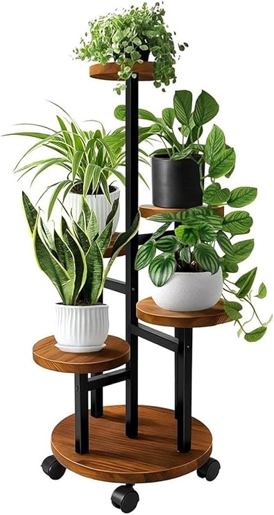 Tekerlekli Metal Çiçeklik 5 Raflı Saksılık Dekoratif 5 Raflı Çiçeklik Metal Doğal Ahşap Saksılık