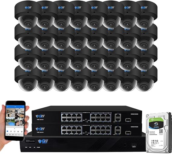GW Security 32 Channel 12MP NVR UltraHD 4K Face Recognition/Human/Cars Detection PoE Security Camera System with 32 x 8MP Waterproof Microphone 130 Wide Angle Outdoor Indoor Dome Cameras (Black)