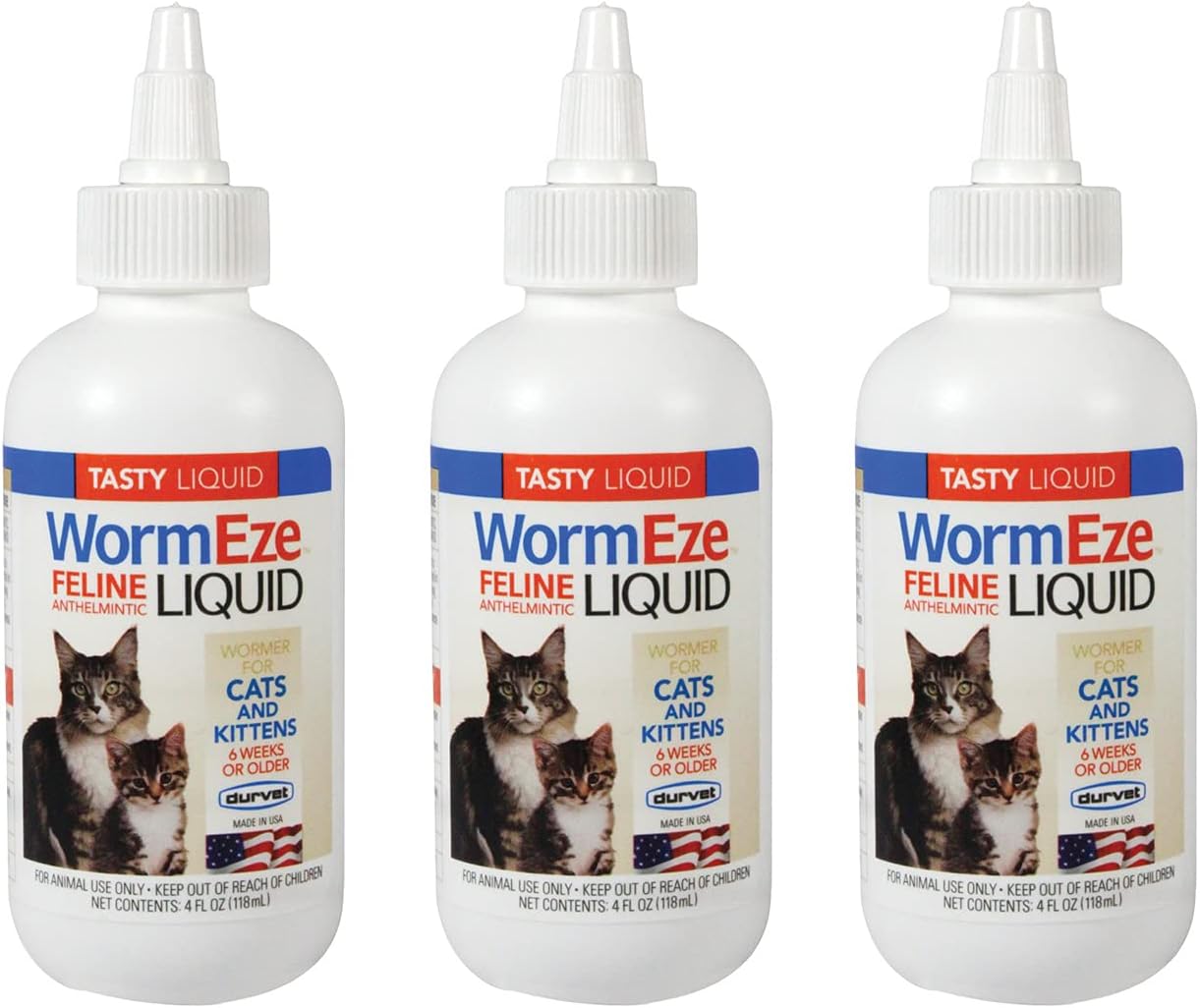 Cat Dewormer, Durvet Wormeze Feline Liquid Wormer for Cats & Kittens 4oz, Cat Wormer for All Worms, 3 Packs