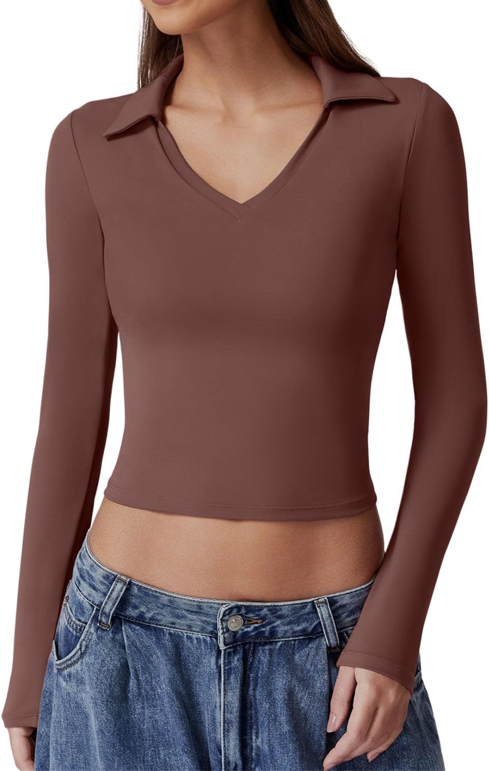 QINSEN Womens V Neck Polo Shirt Long Sleeve Double Lined Tees Basic Collared Fitted Going Out Tops