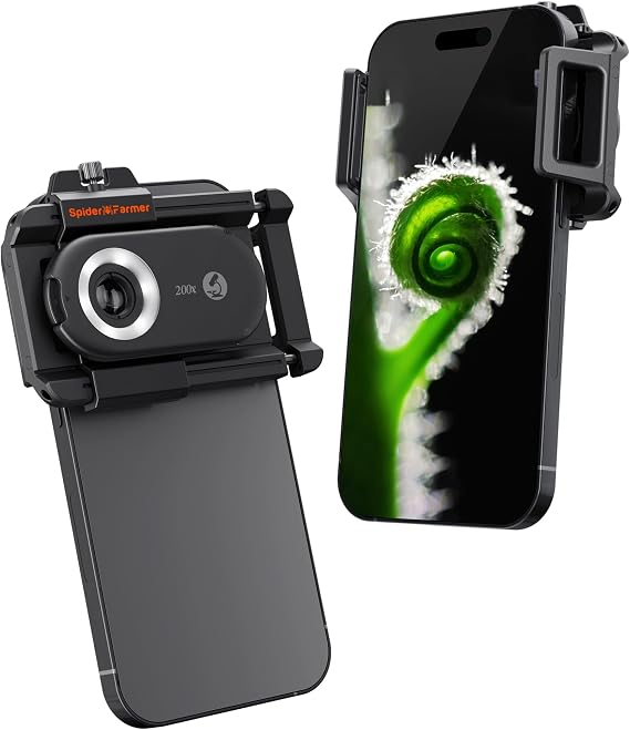 Spider Farmer Phone Microscope, 200X Magnification Portable Microscope with LED UV Light CPL Lens for iPhone & Android Phone Zoom Lens Attachment for Plants/Coins/Jewelry