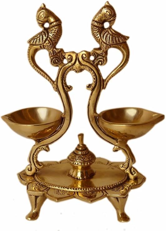 Diya for Puja || Handmade Twin Peacock Oil Wick Brass Diya for Home || Diya for Home Decoration || Antique Items || Brass Gift Items || 7 Inch ||