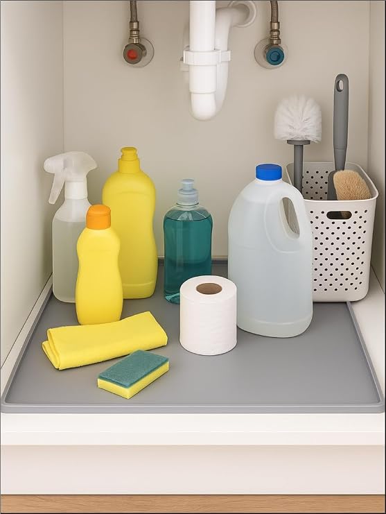 Su Geçirmez Silikon Lavabo Altı Matı (60x40 cm) - Mutfak ve Banyo Tezgah Altı Koruyucu Düzenleyici, Sızıntı Önleyici Yükseltilmiş Kenar,Havuzlu, Gri Renk