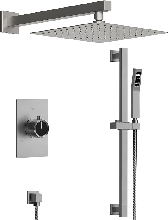 10" High-Pressure Rainfall Shower System with Slide Bar Handheld, Wall Mount Bathroom Shower Faucet Set with Valve (Brushed Nickel)