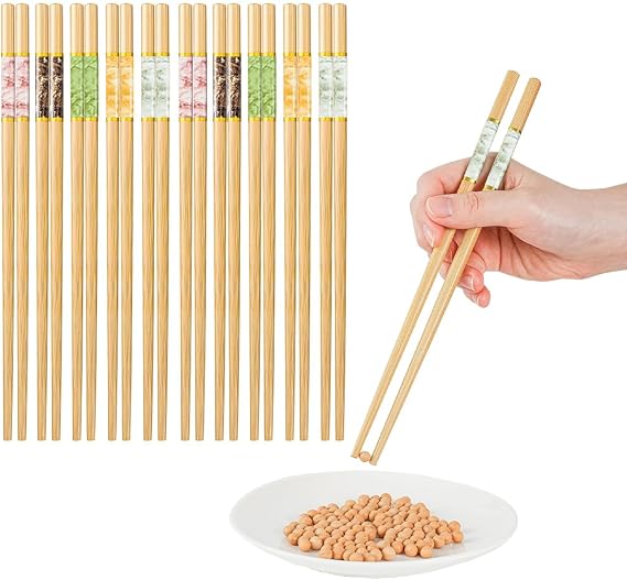 10 Pairs Reusable Chopsticks - Dishwasher Safe 24cm (9.5") Natural Bamboo Chopsticks, 5 Colour Coded for Personal Use - Ideal for Sushi, Noodles & Asian Cuisine